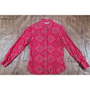 Vintage 70s Shirt SZ SM Bandana Print Western Red Dagger Collar Red Pearl Button